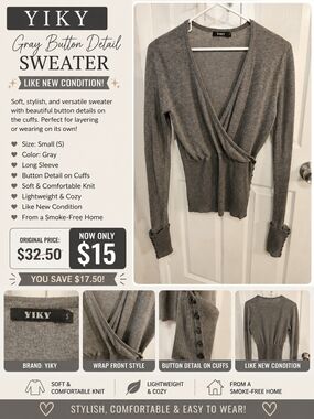 Gray Wrap-Front Button Cuff Sweater